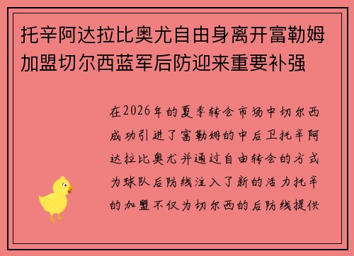 托辛阿达拉比奥尤自由身离开富勒姆加盟切尔西蓝军后防迎来重要补强